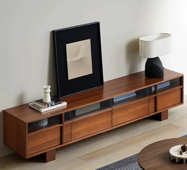 Mid-Century Modern Series Solid Wood Floor Cabinet, Red Oak Storage TV Stand for Home Living Room