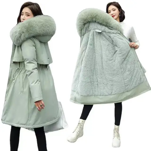 Jaket bulu angsa alami untuk wanita, dengan tudung bulu mewah/siluet klasik mantel ritsleting musim dingin untuk cuaca dingin