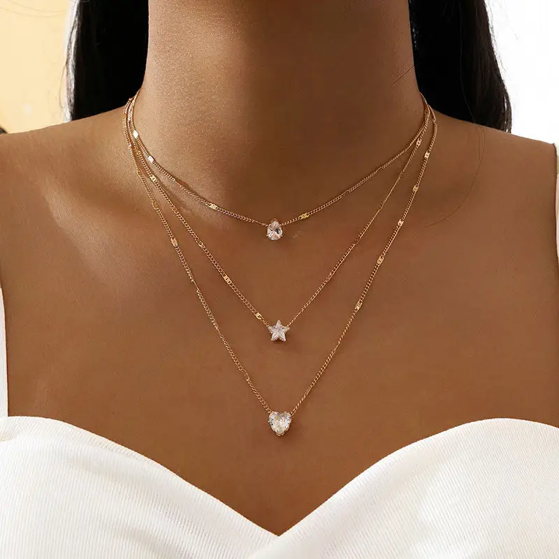 Goutte d'eau chaude étoiles amour trois couches collier femme cristal Zircon pendentif collier chaîne clavicule chaîne en gros
