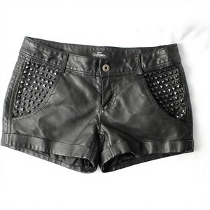 High Waist Black <b>Leather</b> Shorts With Rivet Details Moto Biker Style Women's Short <b>Pants</b> - Product Image 1