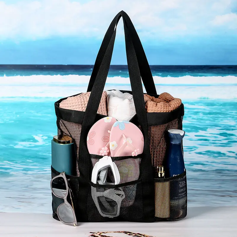 Gran oferta, bolsa de playa de malla portátil de 8 bolsillos, bolsa de baño de playa de gran capacidad, bolsas de almacenamiento de natación de verano