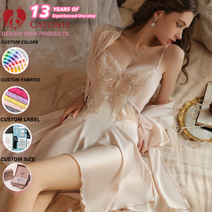 Conjunto de Lencería de Satén con Encaje de Mariposa de Lujo, Estilo Seductor e <span class=keywords><strong>Inocente</strong></span> para Mujer, Camisón y Bata para Estar en Casa - Product Image 1
