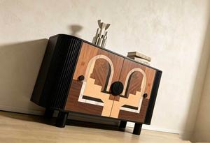 Aparador Moderno con Incrustaciones Geométricas de Madera, 2 Puertas, Gabinete de Almacenamiento, Patas con Paneles Acanalados, Decoración Retro para Sala de Estar - Product Image 6