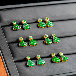 High-end natural A-grade jadeite green Buddha ear ring in Yang Green color. Ice-grade jade. Fashionable S925 <b>silver</b> setting - Product Image 4