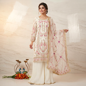 <b>Women</b> White Floral Embroidered <b>Kurta</b> Palazzo Dupatta Set Indian Pakistani Party Wear Suit - Product Image 2
