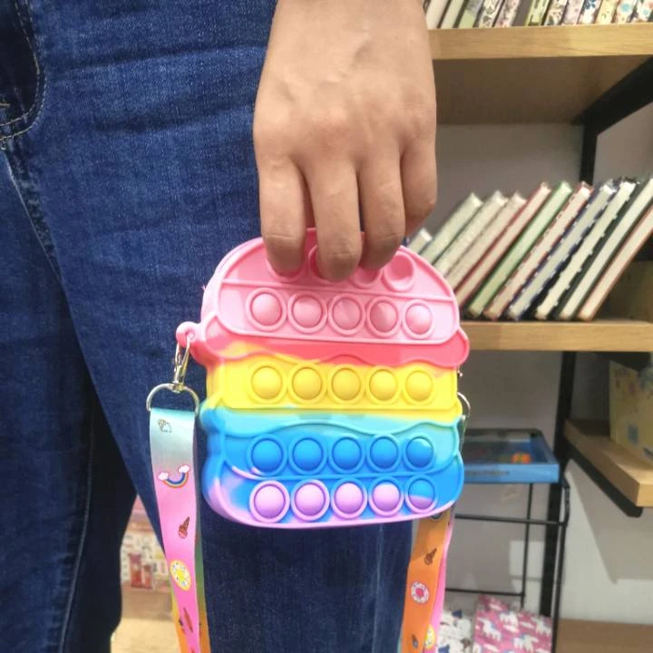 New Arrival Rainbow Hamburger Silicone Zipper Purses and Handbags Stress Relief Pop Fidget Cross body & Shoulder Bags For Kids