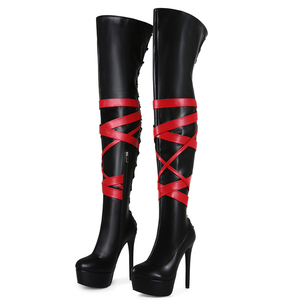 รองเท้าบูทผู้หญิงไซส์ใหญ่ 47 พื้นหนา แบบสวมสูงเหนือเข่า  ผูกเชือก  สายรัดไขว้สีแดง - Product Image 1