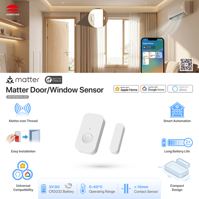 Sunricher Matter Battery Powered Wireless Smart Door Window Sensor Low Power Consumption Long Battery Lifespan SR-MT9011A-DS