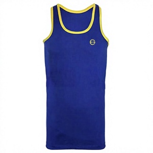 Débardeur sans manches bleu pour homme avec bordure jaune, style décontracté en tricot à col rond, grande taille, effet délavé - Product Image 1