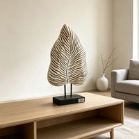 Sculpture d'art en bois Feuille de Cœur Tropicale, sculptée à la main, veinée et courbée, finition blanc doré patiné, ornement de table