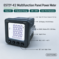 Medidor de Energía Trifásico EastSong ES72Y/K2-E4/E3, Análisis de Armónicos del 2º al 31º, RS485 Modbus, 2DI+2DO, Clase 0.5, IP65, 72x72mm