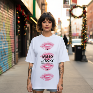 T-shirt con stampa grafica I Am So Lucky per bambini, a maniche corte, oversize, in cotone, streetwear, girocollo, vestibilità regolare - Product Image 2