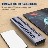 Hub USB 3.2 Gen2 10 Gbps à 16 ports, station d'accueil USB C 17-en-1 avec interrupteurs d'alimentation individuels, PD30W, aluminium