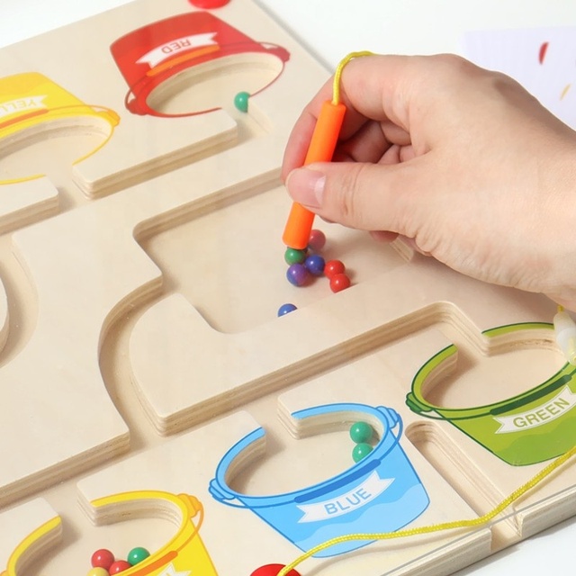 Wooden Eco-friendly Colorful Kids Color Ball Movement Battle Board Game Magnetic Pen Developing Intelligence for Early Learning