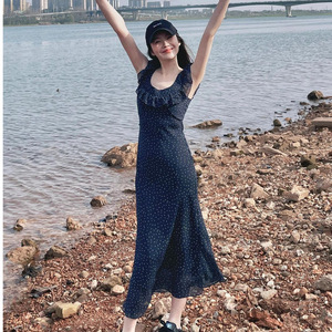 French Style Polka Dot Flutter Sleeve Square Neck Suspender <b>Dress</b> <b>Elastic</b> Waist Long Casual <b>Dress</b> For Women Summer 2025 - Product Image 1