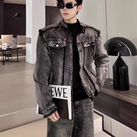 Blouson Bomber Unisexe Rétro Américain Vintage Noir Décontracté en Jean Coupe-Vent Long XL Printemps Automne avec Fermeture Éclair en Cuir de Vachette