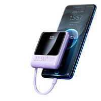 Batterie externe certifiée 3C, charge rapide PD 22,5 W, écran, plastique, grande capacité, câble intégré, logo personnalisable, promotionnel