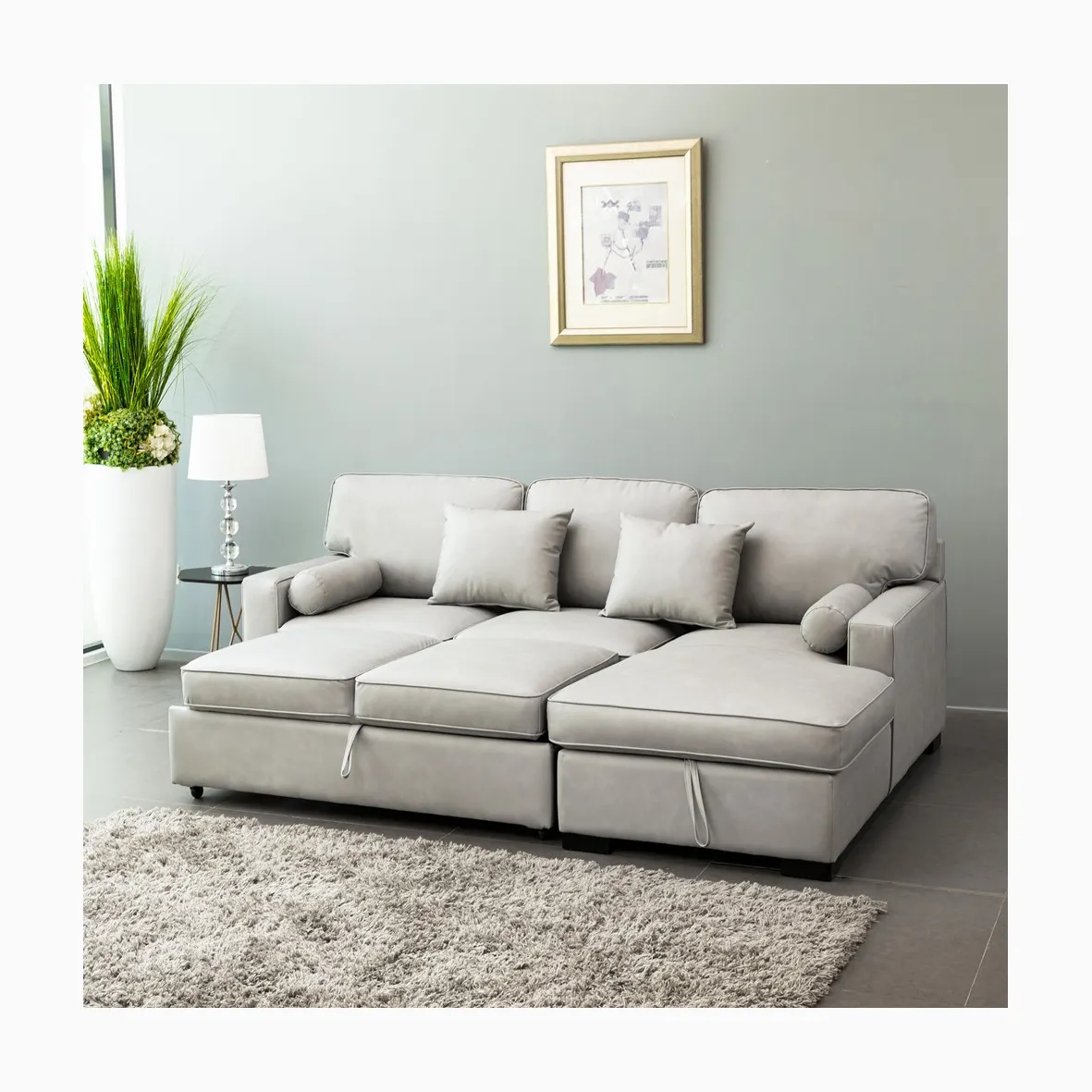 Mobilier moderne de salon canapé-lit en L canapé-lit en tissu doux et confortable avec rangement