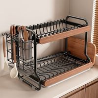Égouttoir à vaisselle double couche en acier inoxydable style bois massif à 2 niveaux pour comptoir de cuisine, rangement multifonctionnel