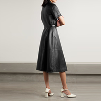 Damen Herbst/Winter/Frühling/Sommer Gewebtes Leder-Polokragen Kurzarm Midi-Hemdkleid mit Kordelzug