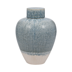 Vaso Decorativo in Ceramica con Coperchio, Blu Smaltato con Motivo a Griglia, per Soggiorno, Camera da Letto, Ufficio, Arredamento Casa - Product Image 3