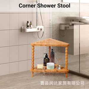 Tabouret de salle de bain en bois Runda, étagère de douche à plusieurs niveaux, couleur bois naturel, rangement en bois massif pour articles de toilette et serviettes - Product Image 3
