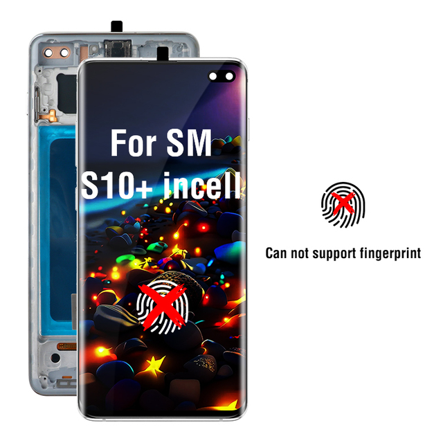 OEM Incell Display Screen LCD for Samsung S10 Plus No Fingerprint Sensor Mobile Phone Replacement with Black Blue White Frame