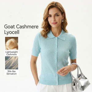 Top de Punto con Cuello Polo Elegante para Mujer, Mezcla de Cachemira y Triacetato al 70%, Manga Corta de Verano, OEM - Product Image 1