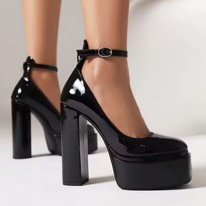 Large Size Summer Chunky Heeled Sandals High Quality Designer Women's Shoes Fashion Elegant Patent Leather Heeled Sandals Pumps - Product Image 1