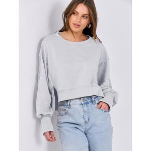 FOXA Women's Cropped Sweatshirt Oversized Crewneck Long Sleeve Lace Detail Drop Shoulder Loose Pullover Spring <b>Winter</b> <b>Top</b> - Product Image 6