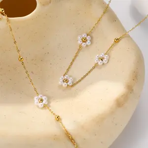 2024 thời trang 14k vàng mạ ngọc trai Daisy Choker Vòng cổ vòng tay cho phụ nữ handmade thép không gỉ Ngọc Trai Hoa Vòng cổ