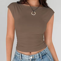 T-shirt court décontracté sexy Y2K à col bateau et manches courtes froncé, avec logo personnalisé OEM, pour femme, vente en gros