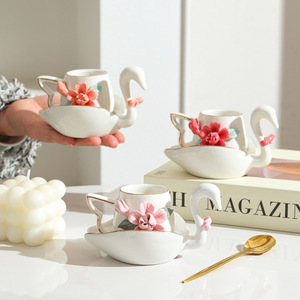 Creative Swan <b>Ceramic</b> Coffee <b>Cup</b> Saucer Set 300ml Capacity Hand-Pinched Flower Design for Home Afternoon Tea Espresso Drinkware - Product Image 4