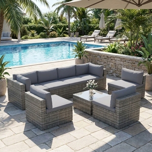 Comfortable 7 Pieces Outdoor Garden <b>Rattan</b> <b>Sofa</b> Set Wicker Sectional Furniture Set with Cushions for Large Patio Space - Product Image 1