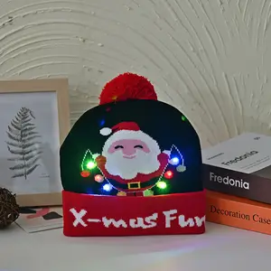 Navidad alta calidad Oem personalizado invierno cálido gorro de punto LED Beanie Santa sombrero con luz