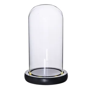 Wholesale Handcrafted Clear Domes Cover Glass Terrarium Glass Dome Wooden Base for Flower