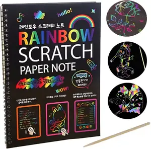 Encuadernación en espiral arcoíris Magic Black, libro de actividades de papel artístico rascador con lápiz óptico de madera, gran oferta