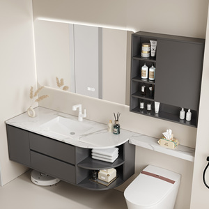 Conjunto de Muebles de Baño con Múltiples Funciones, Mueble Flotante con Lavabo Integrado, Espejo y Gabinete para Inodoro - Product Image 2