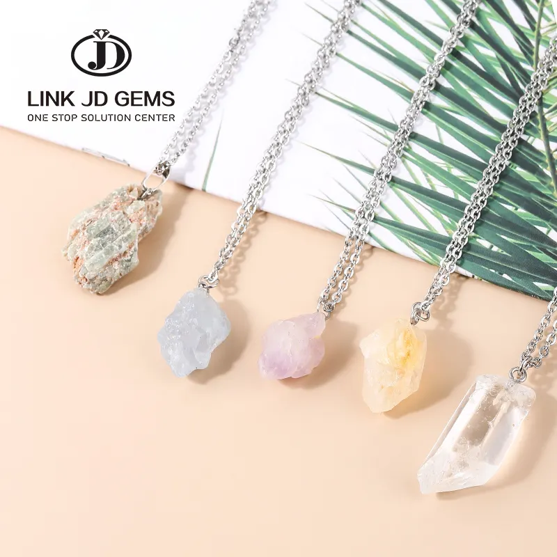 JD Fashion Jewelry Natural Crystal Crafts Irregular Clear Rose Quartz Necklace Natural Raw Rough Stone Pendant Necklace