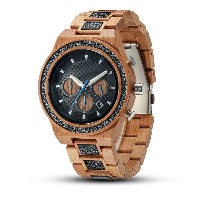 Stylish Elegant Wooden Watch with Luminous Pointer Calendar Display Quartz Chronograph Movement by Seiko Featuring Analog Dial