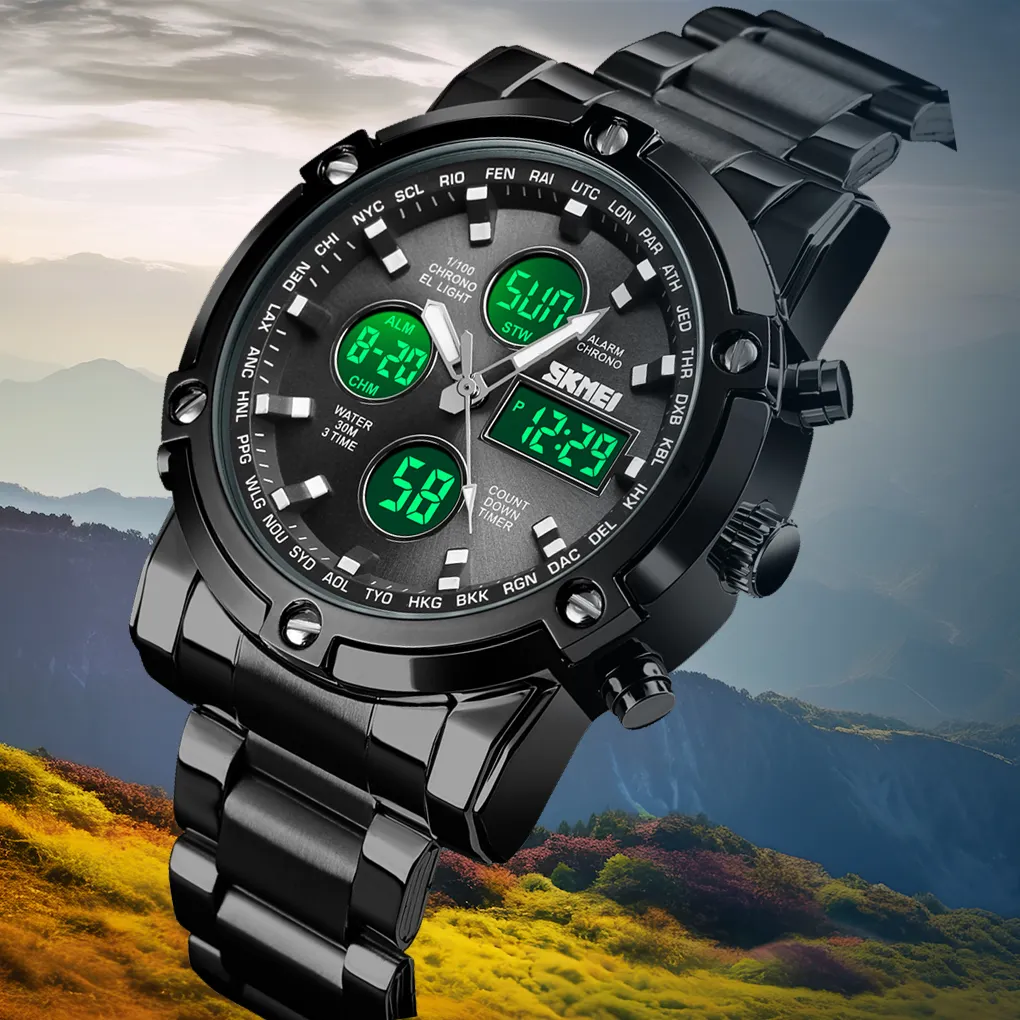 SKMEl 1389 3ATM jam tangan digital untuk pria, arloji modis baja tahan karat tahan air 3 waktu analog quartz untuk pria
