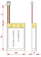 Batería de polímero de litio 603040 750mAh 3.7V con PCB y cable para electrónica de consumo
