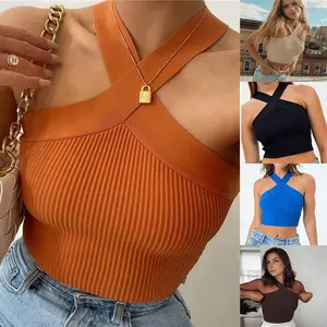 Tank Top wanita hitam katun mode baru musim panas 2024 Tank Top wanita seksi Halter Crop