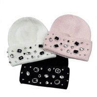 Bonnet tricoté en jacquard blanc avec strass et fourrure pour femme, style coréen, taille 56-58 cm, pour l'automne et l'hiver, effet amincissant pour le visage, protection contre le froid