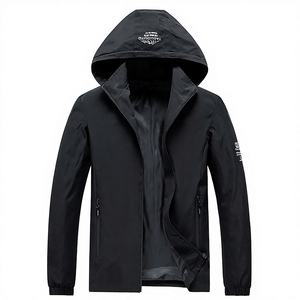 Men's Casual Stand Collar Windproof Digital Printed <b>Windbreaker</b> Jacket Zipper Closure <b>Black</b> Hooded 100% Polyester Finished - Product Image 3
