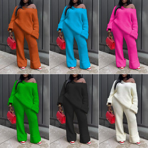 TS1285 Ensemble de vêtements en tricot de haute qualité pour femmes, printemps et automne, décontracté, tricot ample et pantalon large - Product Image 2