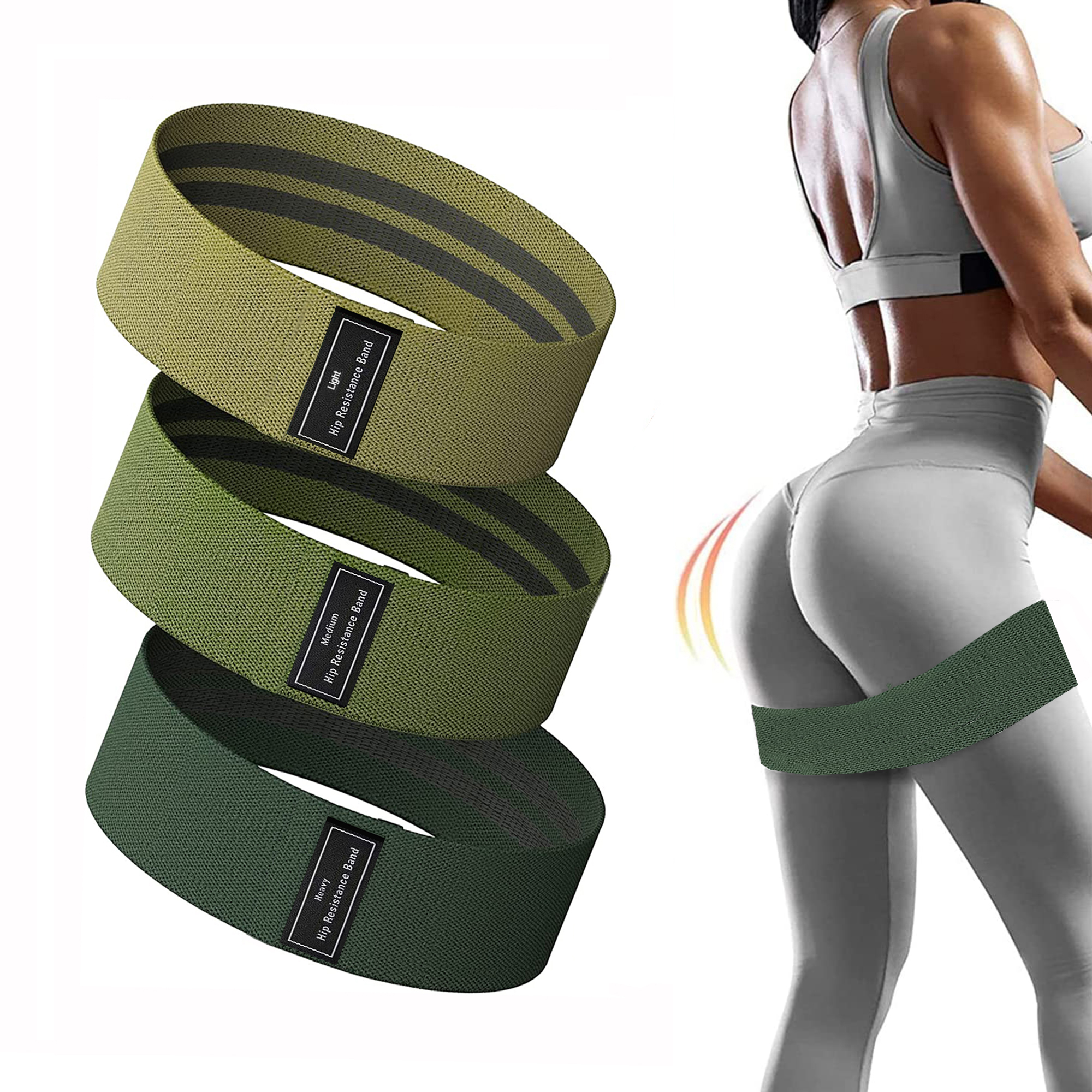 2024 nuovo arrivo accessori per il fitness con logo personalizzato gym sport home allenamento in tessuto verde in lattice fascia di resistenza all'anca set