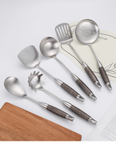 Ensemble de 10 ustensiles de cuisine en acier inoxydable finition or avec poignées en bois longues, compatibles lave-vaisselle, outils de cuisson