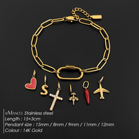 Bracelet mousqueton trombone eManco en acier inoxydable avec breloques cœur émaillé rouge, lettre S, zircon, croix, piment et avion