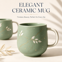 Taza de Café de Cerámica con Diseño Kintsugi Verde Salvia y Vetas Doradas, Pintada a Mano, con Hojas Blancas, para Hogar, Oficina o Regalo, Venta al Por Mayor